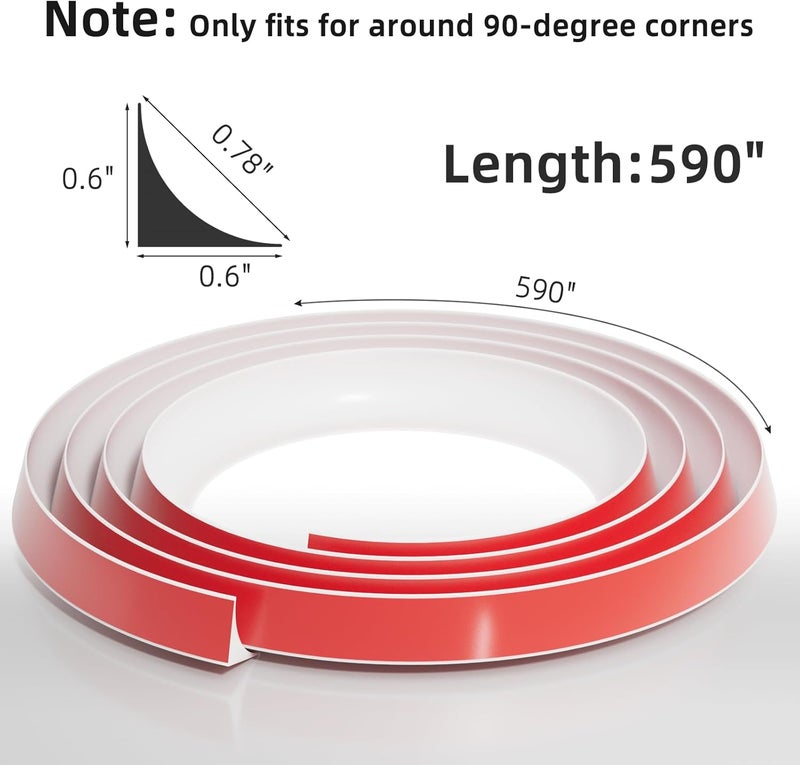 Conwang 590" Flexible L-Shaped Quarter Round,Bendable Trim Molding,Double-Sided Self Adhesive Peel and Stick Silicone Trim for Floor Edge,Wall Corner,Stairs,Cabinet and Tub Edge,0.6"(W)×0.6"(H),White - Image 2